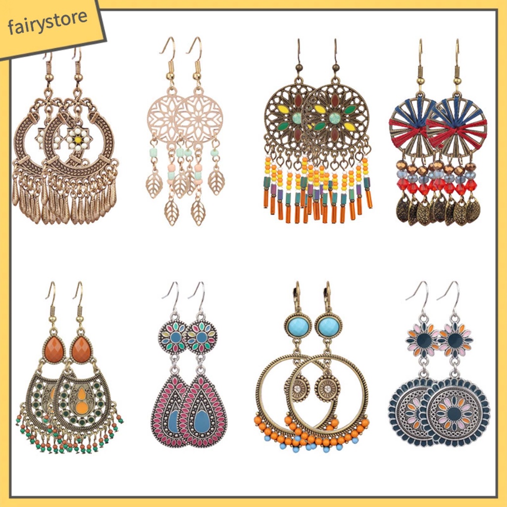 1 Đôi Bông Tai Móc Xỏ Hạt Nhiều Màu Phong Cách Bohemian Cổ Điển