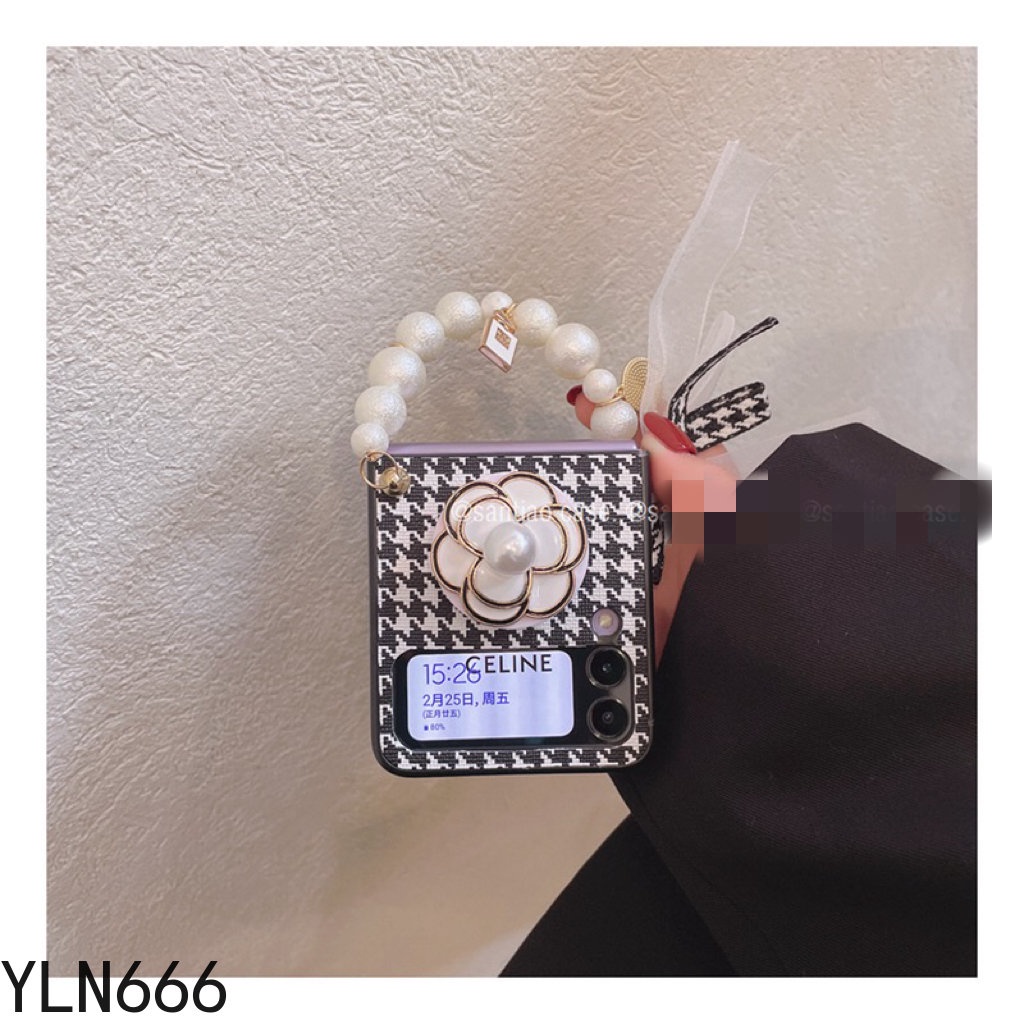 Da PU Vintage Bảo Vệ Gấp Lưng Điện Thoại Dành Cho Samsung Galaxy Z Flip 1 2 3 4 5G Sang Trọng Ngàn Chim Kiểm Tra Với Vòng Tay Ngọc Trai Vỏ Cho Z Flip4 Z Flip3 Z Flip2