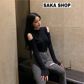 Áo thun nữ tay dài ôm dáng phong cách Bella khoéc vai phối