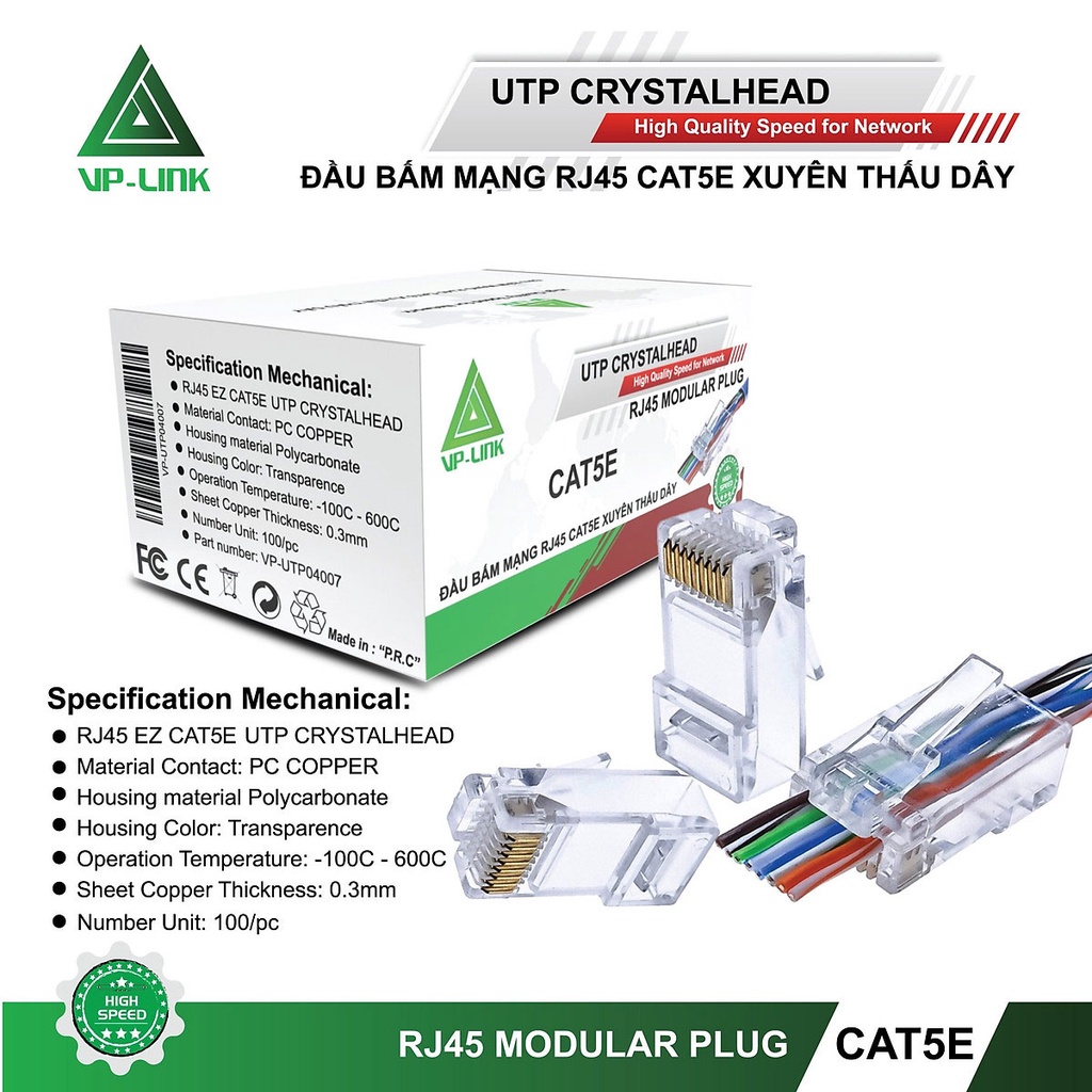 Đầu bấm Mạng RJ45 VP-Link CAT5E Xuyên Thấu DÂY (100pcs) - Hàng chính ...