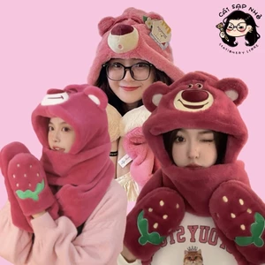 Mũ chùm đầu kèm gang tay giữ ấm hoạ tiếc gấu dâu lotso hot trend 2023 ( hot)