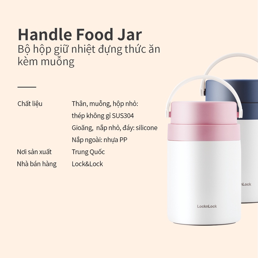 Hộp cơm giữ nhiệt LocknLock Handle Food Jar LHC8042 Màu Hồng 700ml , 2 ngăn kèm muỗng inox - K-MALL