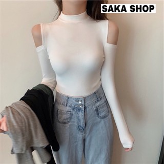 Áo thun nữ tay dài ôm dáng phong cách Bella khoéc vai phối