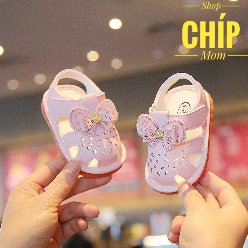 sandal tập đi dép rọ tập đi cho bé gái có còi tít tít nơ xinh xắn da PU mềm êm chân siêu nhẹ full hộp A92