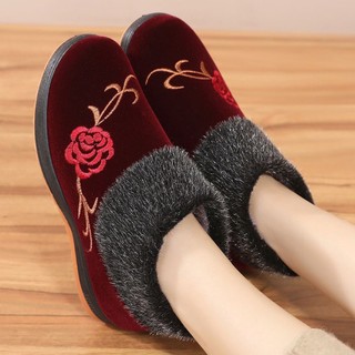 Giày Vải Cotton Lót Lông Cừu Đế Mềm Chống Trượt Giữ Ấm Cho Phụ Nữ Trung Niên