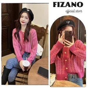 Áo len nữ cardigan len dệt kim dày dáng ngắn sọc caro màu hồng thời trang hàng Quảng Châu cao cấp fizano