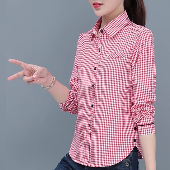Thời Trang Dài Tay Kiểm Tra Áo Sơ Mi Nữ Cổ Điển Kẻ Sọc Áo Sơ Mi Đỏ Áo Sơ Mi Kẻ Sọc Đen