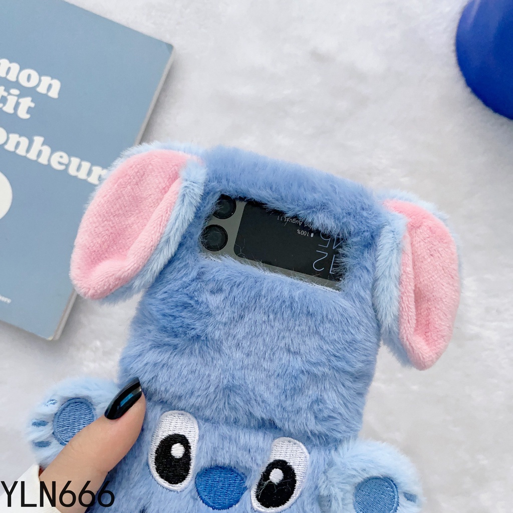Ốp điện thoại hình hoạt hình thời trang Stitch Fluffy cho Samsung Galaxy Z Flip 3 4 5 6 7FE 7 5G Cover Thiết kế độc đáo dễ thương Vỏ tay ấm áp sang trọng cho Z Flip 3 4 Vỏ bảo vệ điện thoại di động