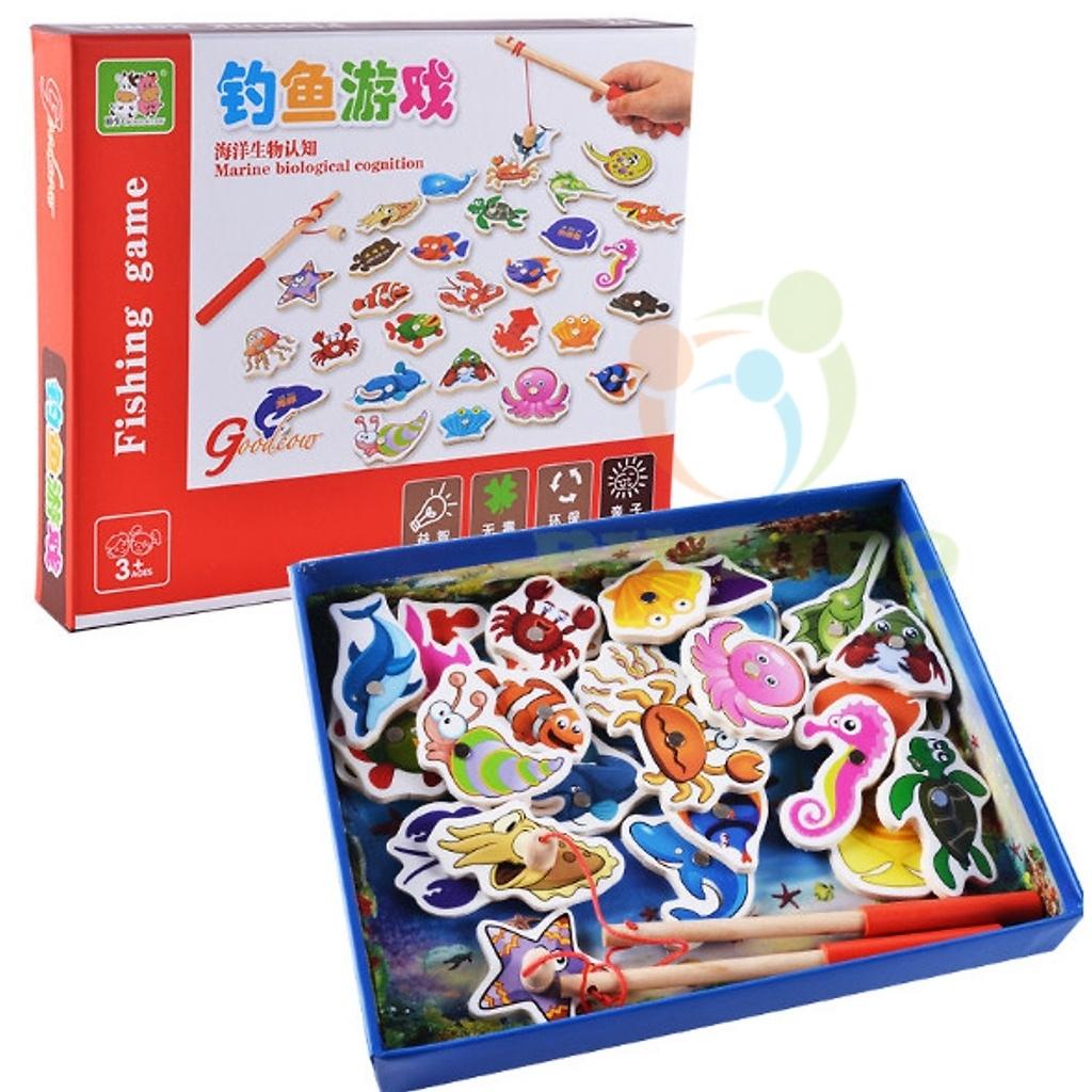 Bộ Đồ chơi câu cá nam châm gỗ 32 chi tiết sinh vật biển cho bé- Binbibo