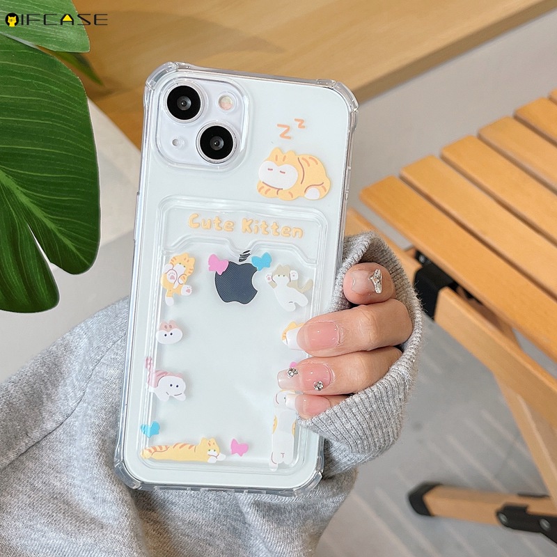 Ốp Điện Thoại Trong Suốt Họa Tiết Hoạt Hình Đơn Giản Kèm Ngăn Đựng Thẻ Cho iPhone 14 Plus 14 13 12 11 Pro Max XS Max XR X 7 8 Plus