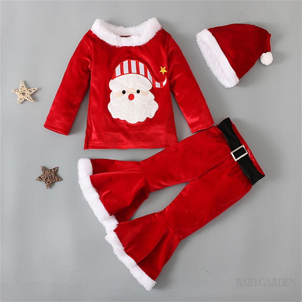 Bộ Áo Thun Tay Dài In Chữ + Quần Dài Ống Loe Họa Tiết Giáng Sinh / Ông Già Noel Thời Trang Cho Bé Gái 1-7 Tuổi
