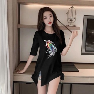 ((Đặt hàng) Mùa xuân hè 2022 Áo thun tay ba phần tư chia không đều dành cho nữ dáng rộng phù hợp với kích thước lớn nửa tay nữ hàng đầu Mi