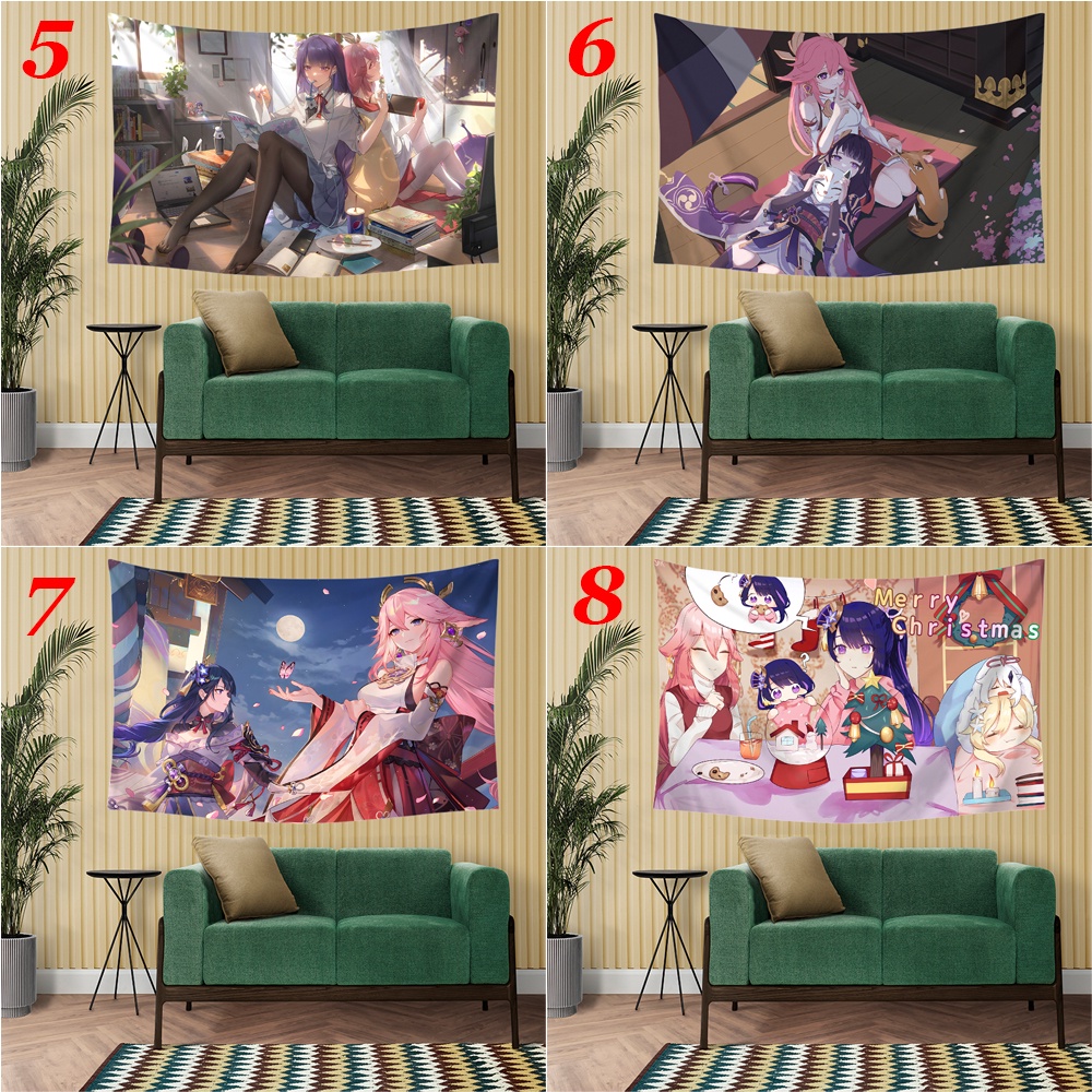 Thảm Polyester Treo Tường Trang Trí Phòng Ngủ In Hình Yae Miko Guuji & Baal Raiden Shogun