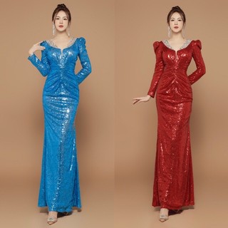 Đầm dạ hội kim sa cổ đính hạt tay dài nhún eo cao cấp TẶNG KÈM HOA TAI THỜI TRANG