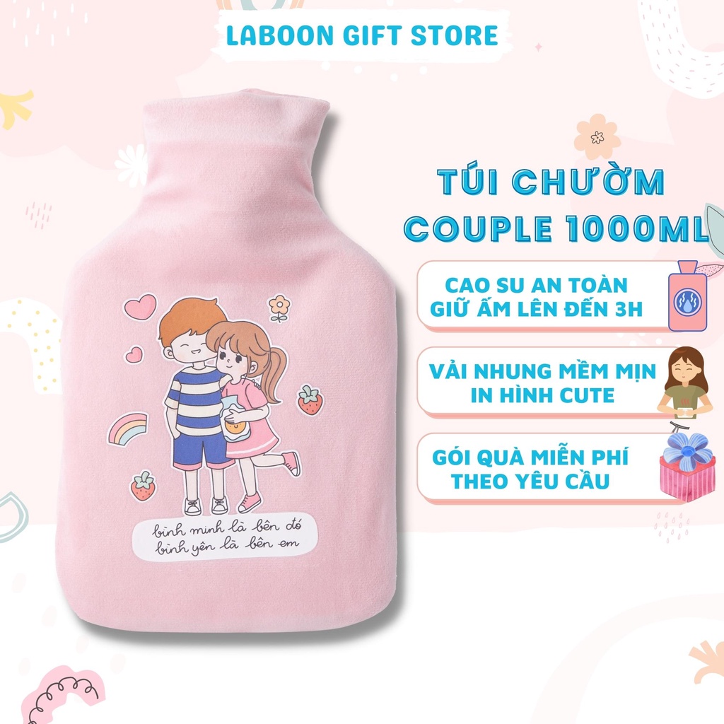 Túi chườm bụng kinh đa năng Laboon 1000ml phiên bản Couple in love, quà tặng dễ thương cho bạn gái