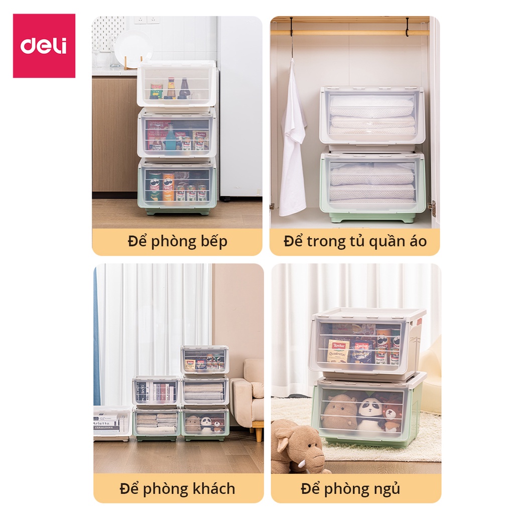 Hộp Đựng Quần Áo, Đồ Chơi Nắp Lật 3 Nấc Có Thể Xếp Chồng Siêu Tiện Gọn, Chịu Tải Tốt Hàng Chính Hãng Deli