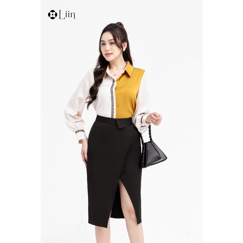 Áo lụa vàng phối nâu thanh lịch trẻ trung công sở Liin Clothing SM4700