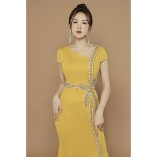 Đầm dạ hội cổ kết pha lê nơ dài không xẻ tà TẶNG KÈM HOA TAI THỜI TRANG