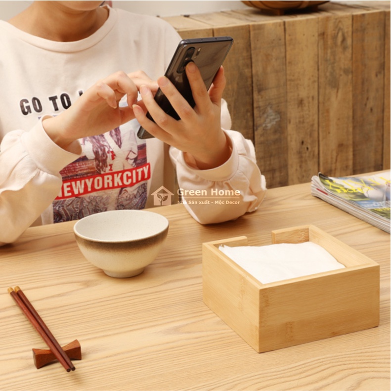 Hộp đựng giấy ăn phong cách Nhật Bản, Hộp đựng giấy thiết kế cách điệu bằng gỗ Tre tự nhiên 100%