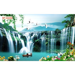 Tranh dán tường 3D cảnh thác nước, rừng cây SƠN THUỶ hùng vỹ