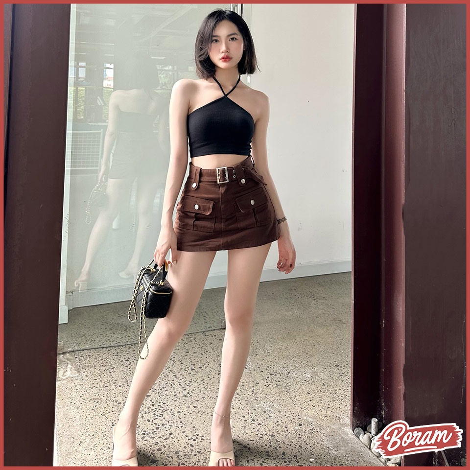 Chân váy túi hộp, chân váy chữ a ngắn kaki jean thắt lưng bản to và khuy cách điệu BORAM SG (có quần trong)
