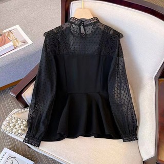 Plus Áo Kiểu Tay Dài Cổ Tròn Phối Ren Phong Cách Hàn Quốc Cho Nữ