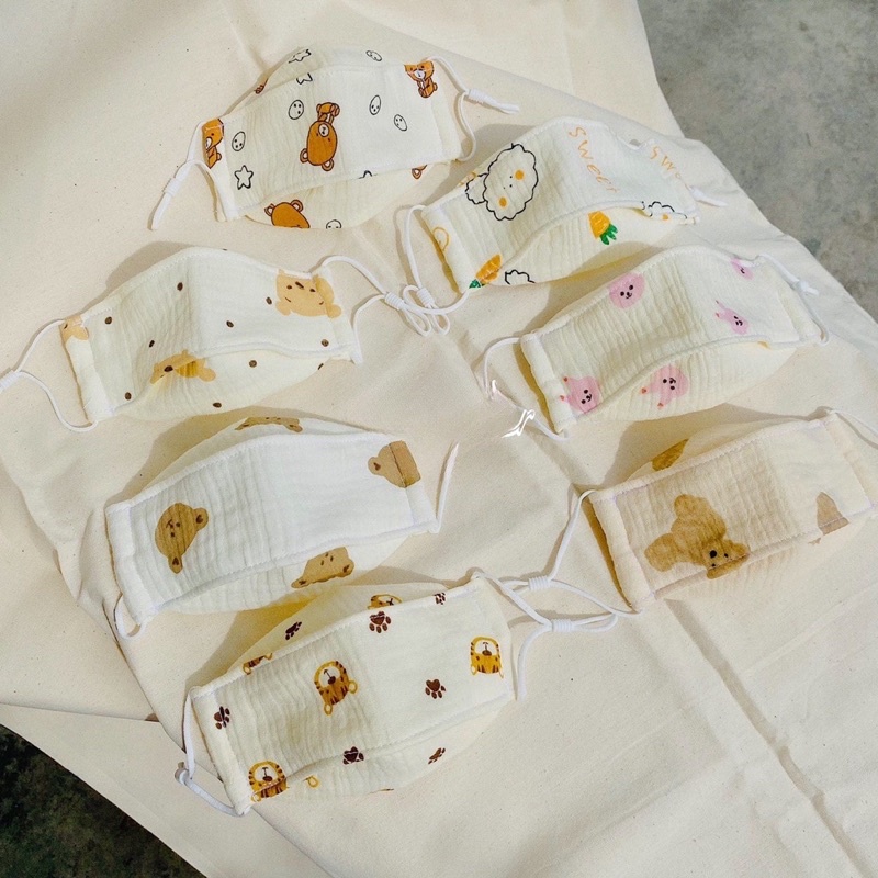 Khẩu trang cho bé 3 lớp kháng khuẩn vải xô muslin thoáng mát thân thiện với da bé 0-3 tuổi