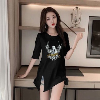 ((Đặt hàng) Mùa xuân hè 2022 Áo thun tay ba phần tư chia không đều dành cho nữ dáng rộng phù hợp với kích thước lớn nửa tay nữ hàng đầu Mi