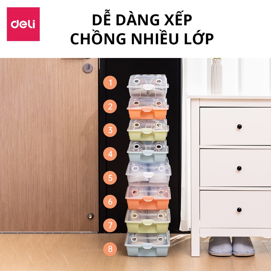 Hộp Đựng Giày Dép Nhựa Cứng Có Thể Xếp Chồng Có Nắp Đậy Nhiều Size Kệ Giày, Hộp giày Thông Minh Tiện Lợi Deli