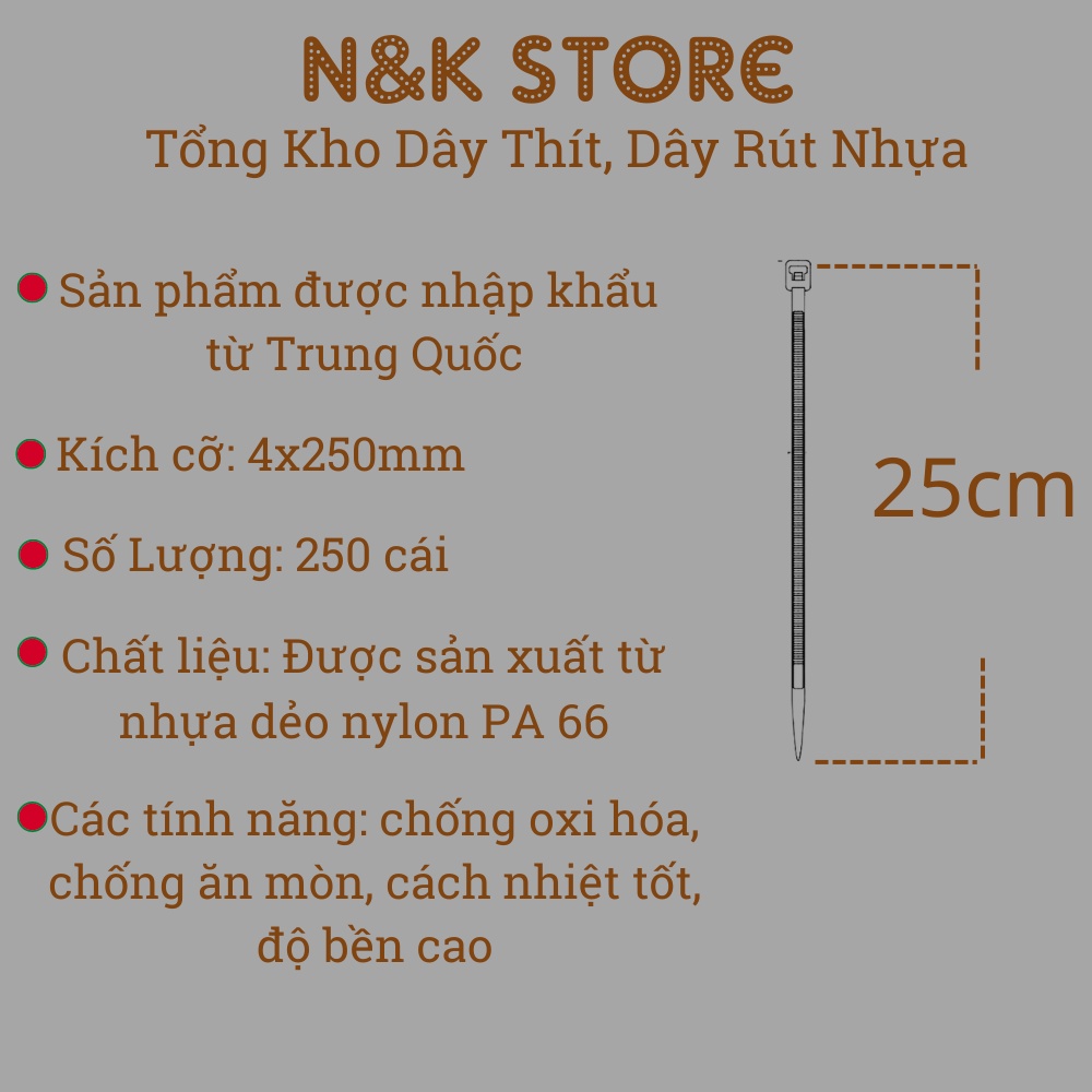 Túi 240c dây thít nhựa 4x250mm, lạt nhựa dài 25cm, dây rút nhựa đen trắng bền dẻo