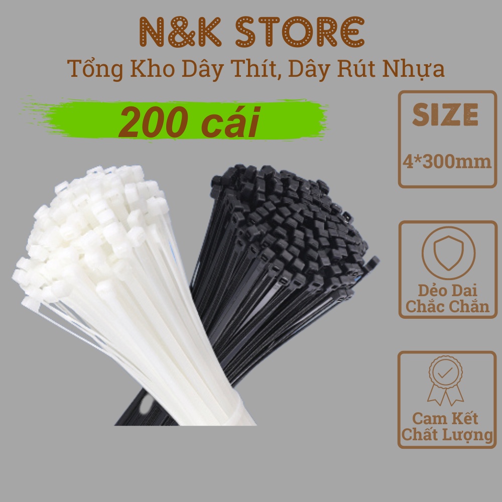 Túi 180c dây rút 4x300mm, lạt nhựa dài 30cm, dây thít nhựa đen trắng dẻo dai