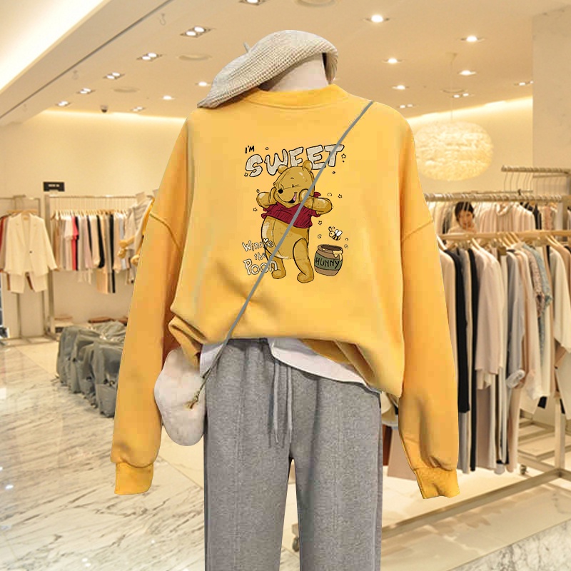 Áo Sweater Nữ HappyFamily Màu Xanh Rêu Hot Trend Hình Gấu Pooh Sweet Xinh Xắn Chất Nỉ Da Cá 100 Cao Cấp
