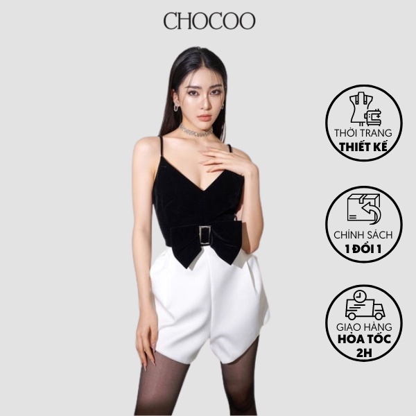 Jumpsuit CHOCOO Pawnie thiết kế cổ v hai dây 2 màu đen trắng gắn nơ chất lụa cao cấp