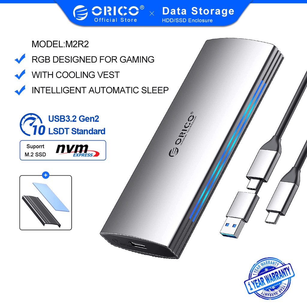Vỏ ổ cứng ORICO M2R2 RGB 10Gbps M2 NVMe SSD USB3.1 Gen2 bằng nhôm dành cho máy chơi game
