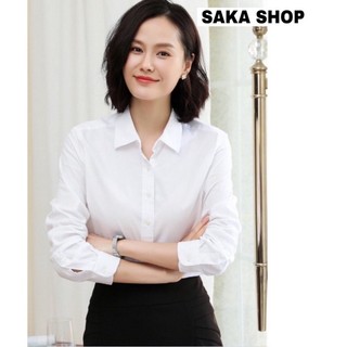 Áo sơ mi trắng nữ tay dài from rộng vải cotton lạnh Hàn công sở đi học đi làm không nhăn mát mịn
