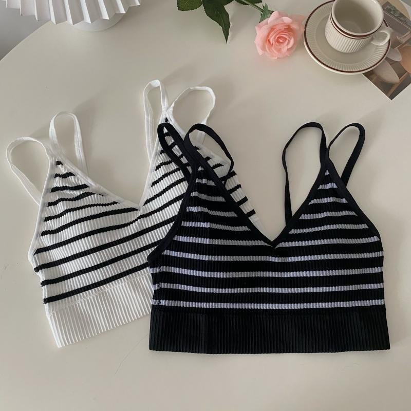 Áo Ngực Dạng Bra Hai Dây Cotton Gân Sọc Co Dãn Thoáng Mát Cổ V Sexy 831