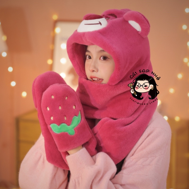 Mũ chùm đầu kèm gang tay giữ ấm hoạ tiếc gấu dâu lotso hot trend 2023 (   hot)