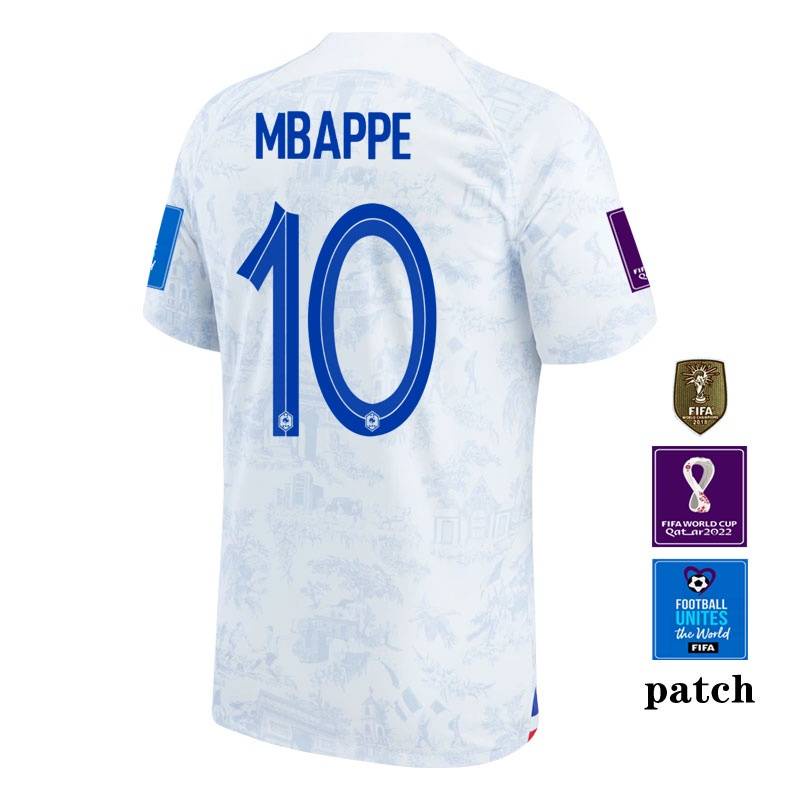Áo bóng đá ĐT Pháp sân khách World Cup 22-23, thể thao Tee với hình ảnh các cầu thủ như Mbappe và Griezmann