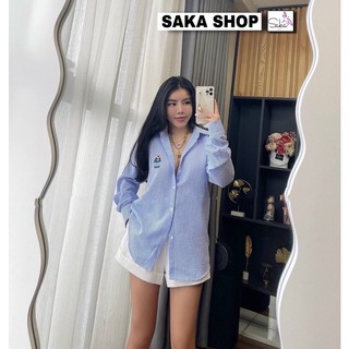 Áo sơ mi nữ kẻ sọc from rộng dài tay thêu hình chú gấu nhiều màu
