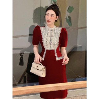 Đầm nhung nữ Quảng Châu thiết kế màu đỏ phối ren đính đá sang trọng trẻ trung, Váy dự tiệc nữ sang trọng rẻ đẹp