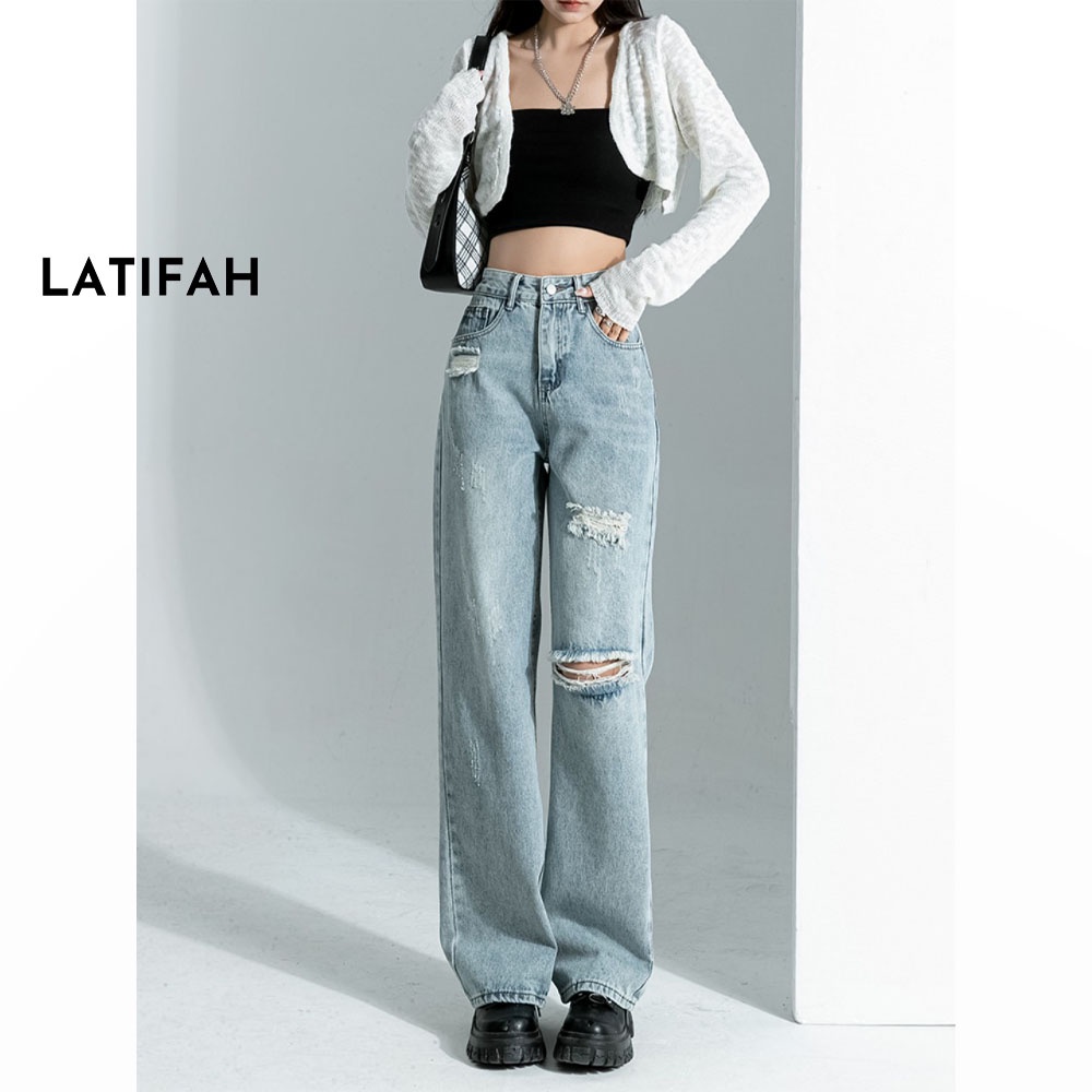 Quần baggy jeans nữ LATIFAH ống rộng cắt rách dài 98cm phong cách năng động trẻ trung QD257 spe