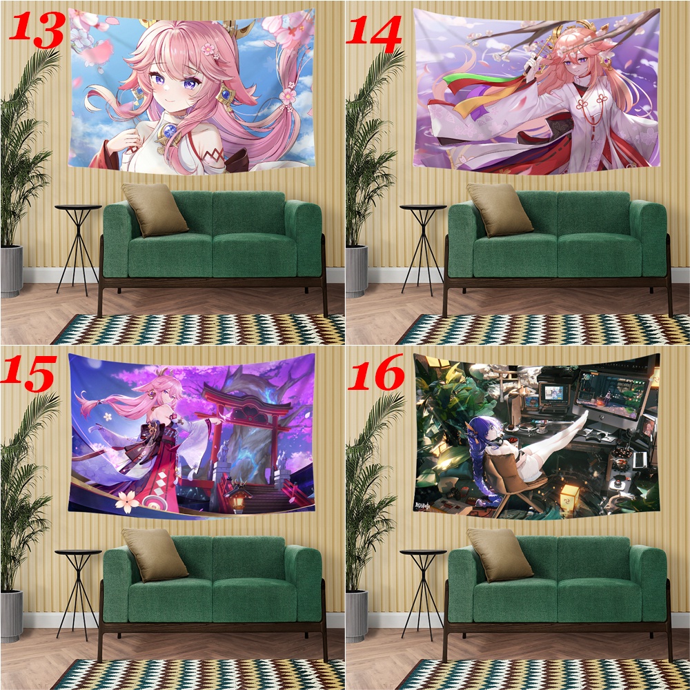 Thảm Polyester Treo Tường Trang Trí Phòng Ngủ In Hình Yae Miko Guuji & Baal Raiden Shogun