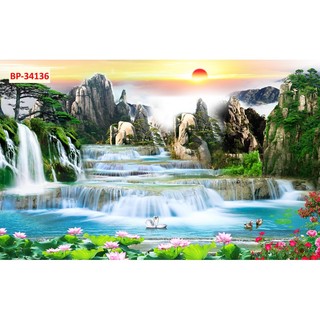 Tranh SƠN THUỶ 3d thác nước chảy rừng cây trong lành
