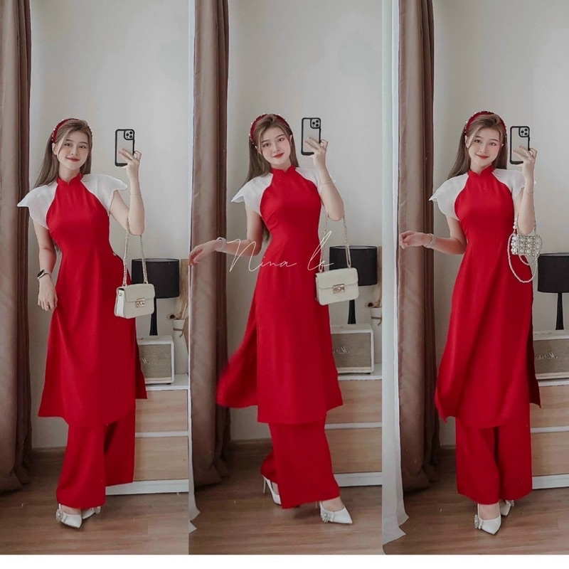 Sét lụa 100D áo dài thời trang nữ mặc đi Tết xinh màu đỏ cổ tàu kèm ...