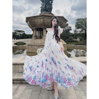 Maxi suông dập ly họa tiết sứa tím, maxi Hè, maxi du lịch TKCC