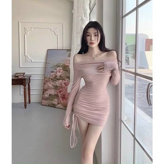 Váy len tăm trễ vai rút sườn, hot trend ôm body siêu tôn dáng