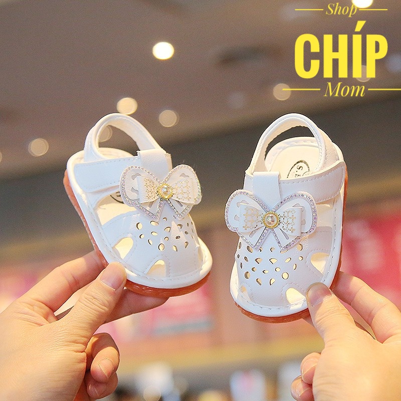 sandal tập đi dép rọ tập đi cho bé gái có còi tít tít nơ xinh xắn da PU mềm êm chân siêu nhẹ full hộp A92