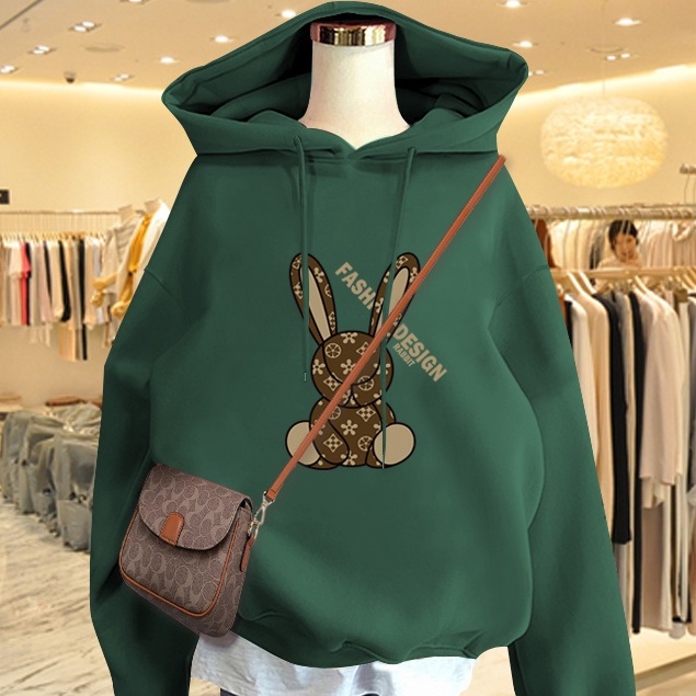 Áo Hoodie Nữ HappyFamily Màu Xanh Rêu Xu Hướng Giới Trẻ Fashion Design Rabbit Chất Nỉ Da Cá 100 Cao Cấp