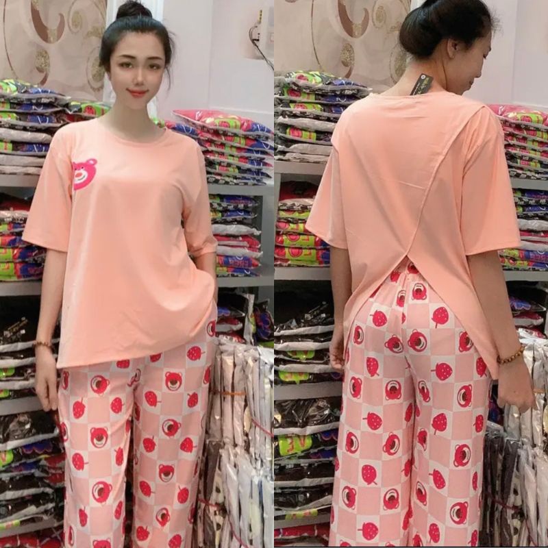 Đồ bộ nữ áo chéo sau lưng quần ống suông nữ cạp cao bigsize  ESHOP Đồ bộ mặc nhà quần thun gân form rộng tay lửng DB49