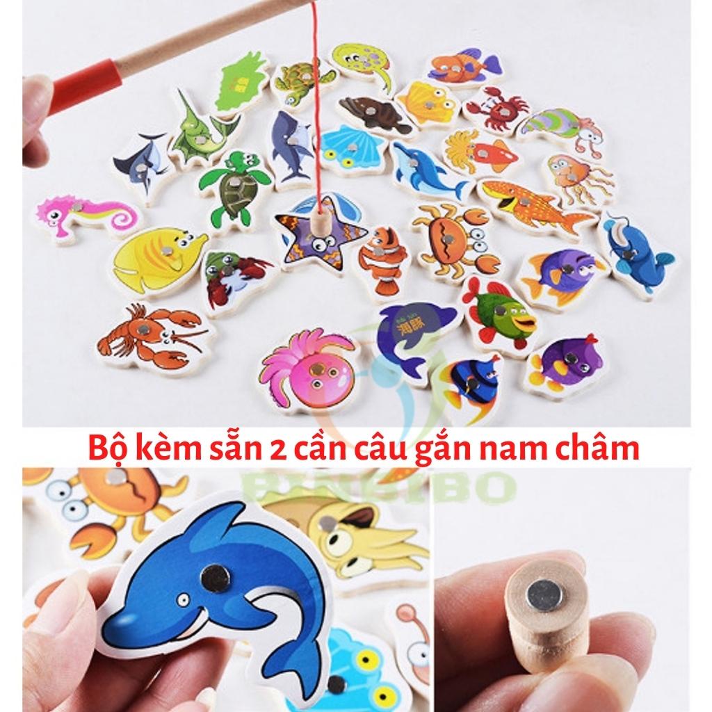 Bộ Đồ chơi câu cá nam châm gỗ 32 chi tiết sinh vật biển cho bé- Binbibo
